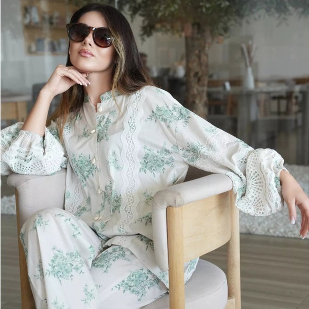 Teal Floral Lace Trim Top and Pants Set coord set of 2 cotton - Picture 3 of 6